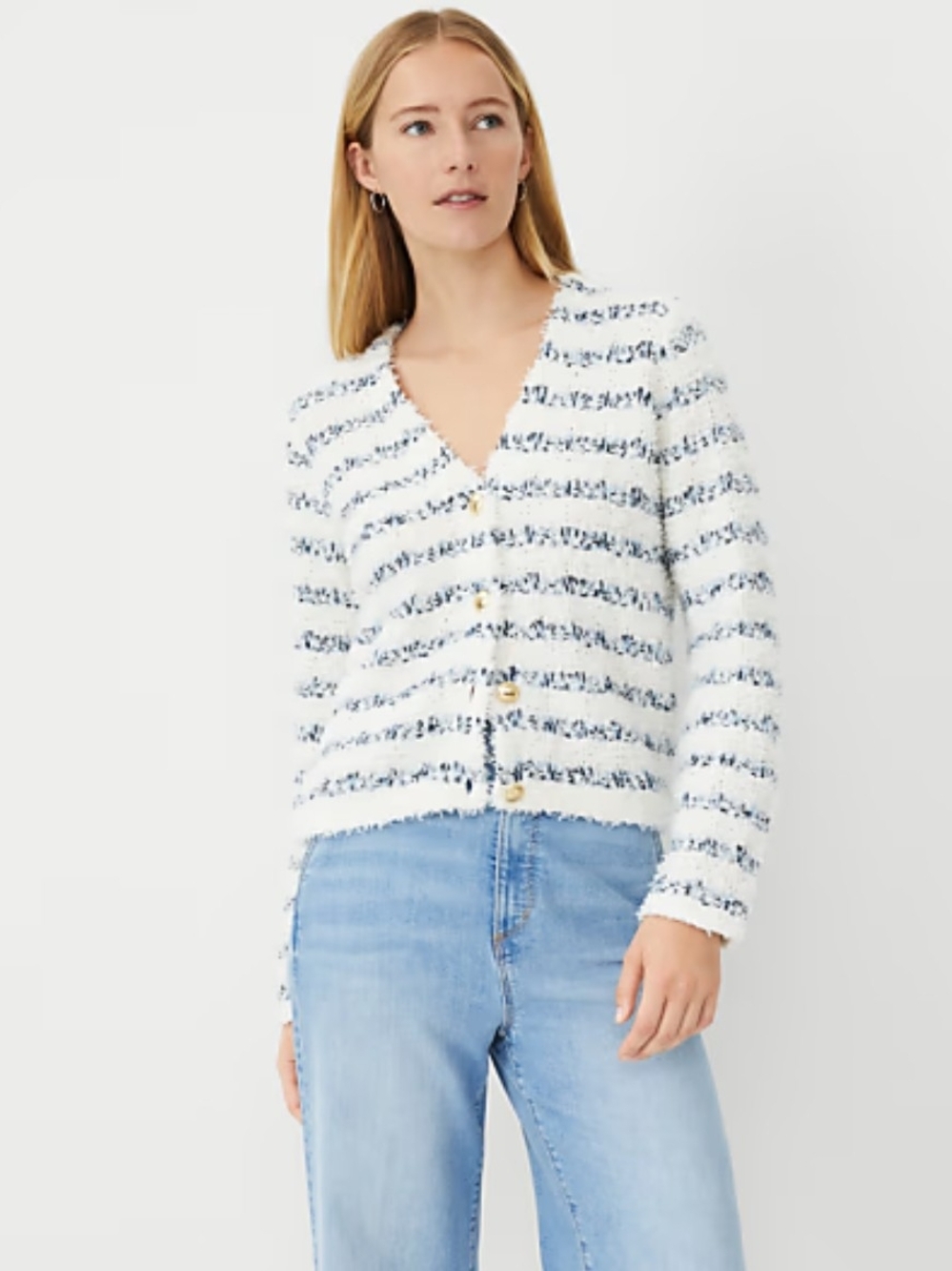 Ann Taylor White & Navy Striped V-Neck Cardigan